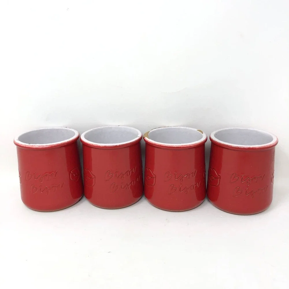 La Fermiere Red Ceramic Yogurt Jars Set of 6 Be Mine Bisou Bisou‎ Valentine